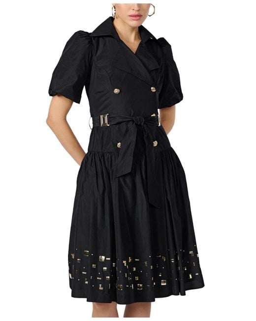 Karl Lagerfeld Black Studded-hem Puff-sleeve Belted Dress