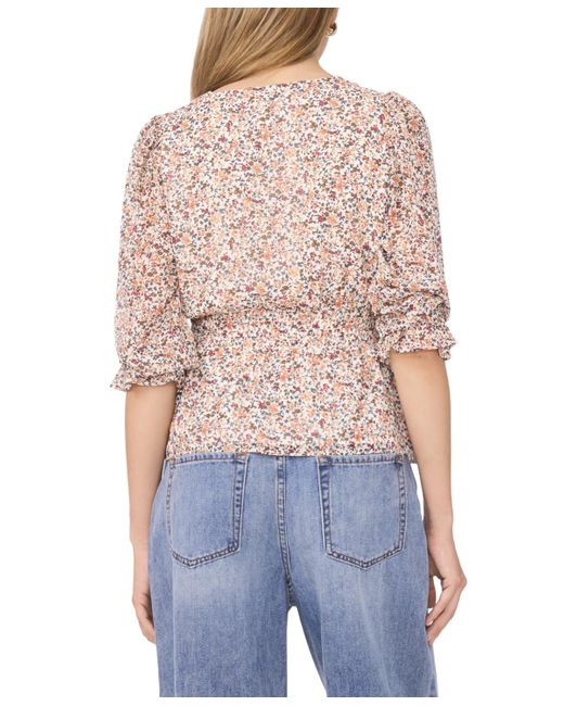 1.STATE Red Smocked Waist 3/4-sleeve Button Down Blouse