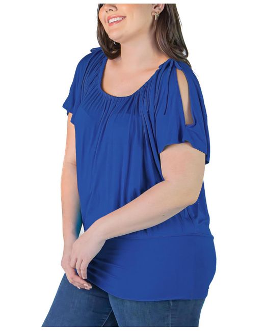 24seven Comfort Apparel Blue Plus Size Short Sleeve Split Shoulder Top