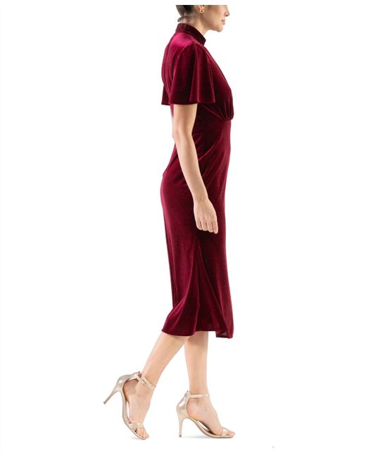 Julia Jordan Red Velvet Mock-neck Flutter-sleeve Dress
