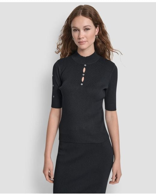 DKNY Black Grommet Mock Neck Sweater