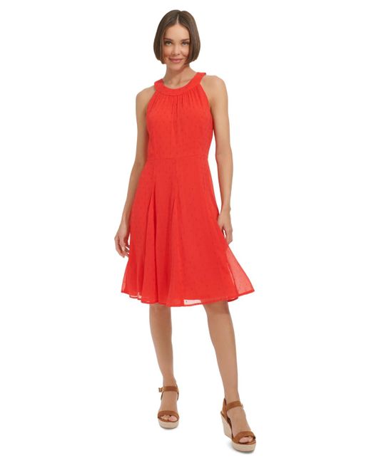Tommy Hilfiger Red Clip-dot Fit & Flare Halter Dress