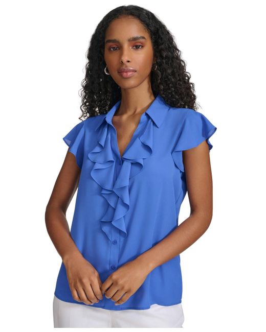 Calvin Klein Blue Flutter-sleeve Ruffled Top