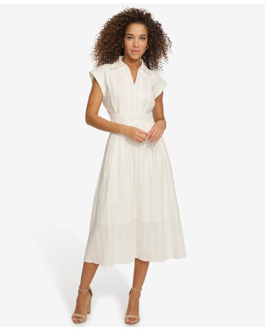 Kensie Natural Textured-stripe Collared Midi Dress