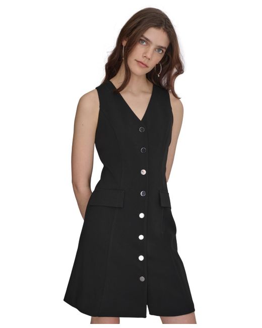 DKNY Black V-neck Sleeveless A-line Dress