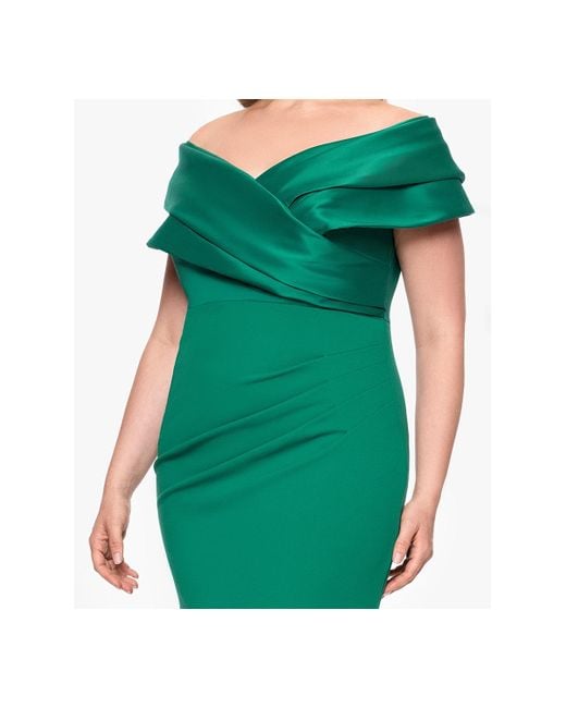 Betsy & Adam Green Plus Size Mixed-material Off-the-shoulder Gown