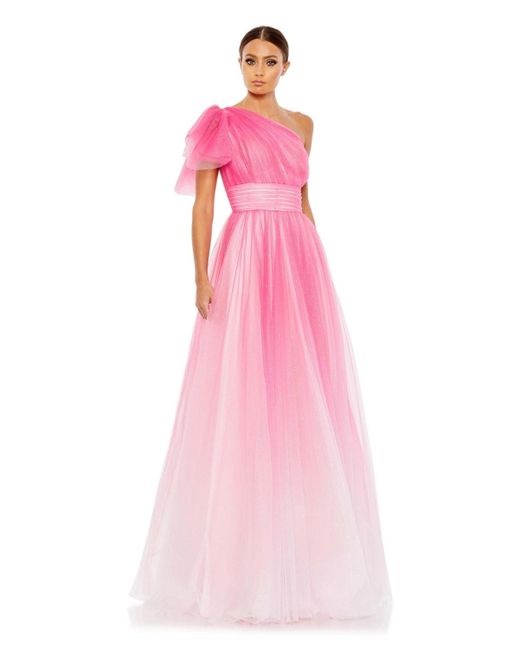 Mac Duggal Pink Glitter Ombre Ruffled One Shoulder Ball Gown