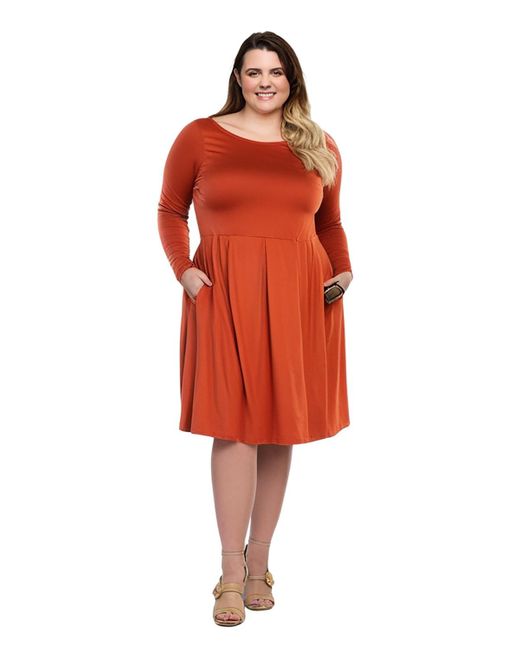 24seven Comfort Apparel Red Plus Size Long Sleeve Fit And Flare Midi Dress