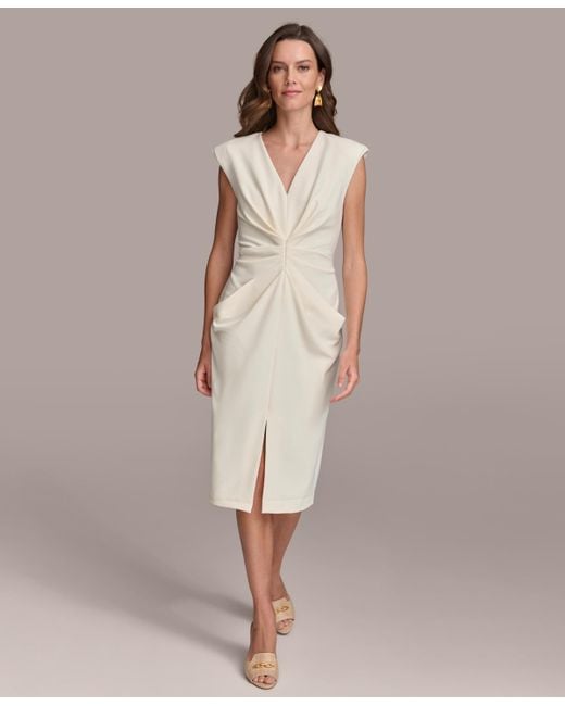 Donna Karan Natural Pleat-front Cap-sleeve Sheath Dress