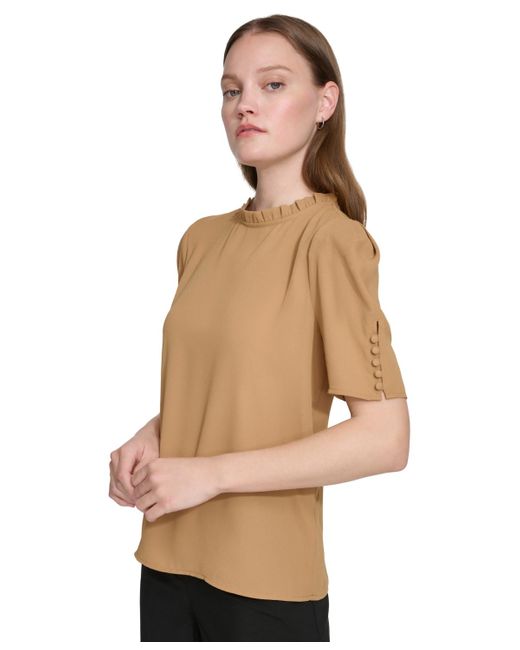 Calvin Klein Natural Petite Pleated Mock-neck Puff-sleeve Top