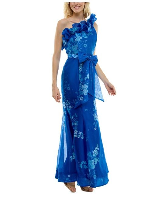 Taylor Blue Ruffled One-shoulder Organza Gown