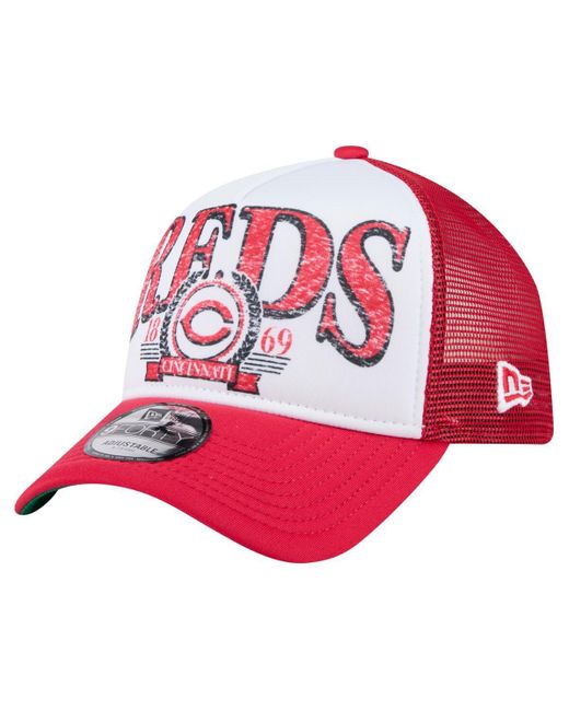 KTZ Pink White/red Cincinnati Reds Distressed 9forty A-frame Adjustable Trucker Hat for men