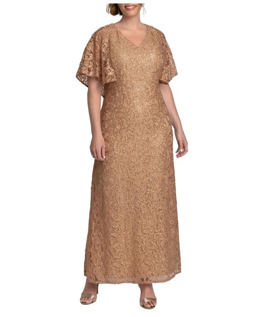 Kiyonna Brown Plus Size Celestial Cape Sleeve Sequined Lace Gown