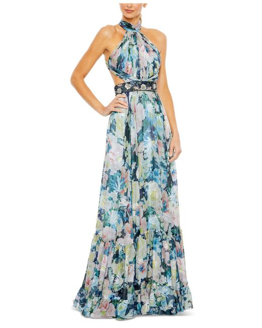 Mac Duggal Synthetic Beaded Floral-print Halter-style Dress in Blue - Lyst