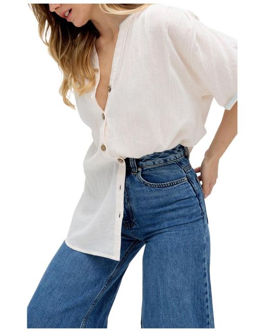 Raffya White Juneeta Crop Sleeve Button Down Shirt