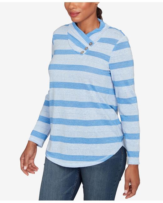 Ruby Rd Blue Petite Metallic Stripe Button Accent Knit Top