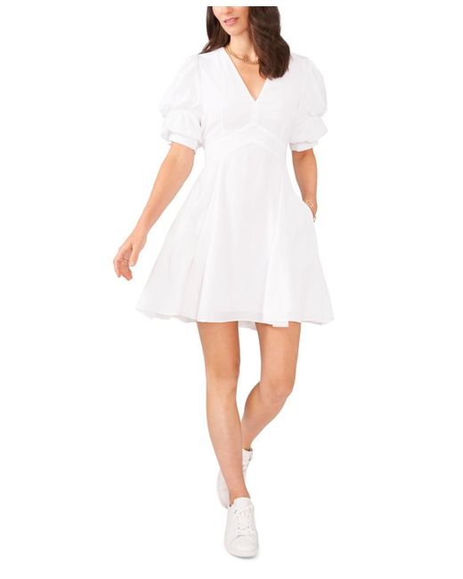 1.STATE White V-neck Tiered Bubble Puff Sleeve Mini Dress