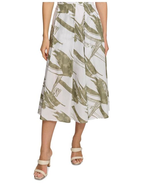 DKNY Natural Printed Pleated Cotton Voile Midi Skirt