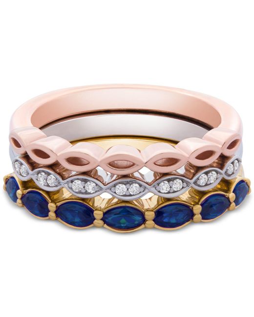 Macy's Metallic 3-pc. Set Lab-created Sapphire (1 Ct. T.w.) & White Sapphire Accent Stack Rings In Sterling Silver, Gold-plate & Rose Gold-plate