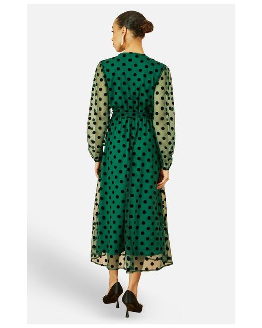 Yumi' Green Spot Mesh Wrap Midi Skater Dress