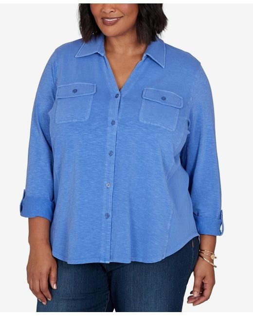 Ruby Rd Blue Plus Size Rib Trim Button Front Knit Top