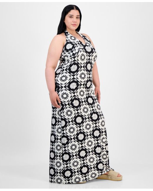 Derek Heart White Trendy Plus Size Mixed-print Halter Maxi Dress