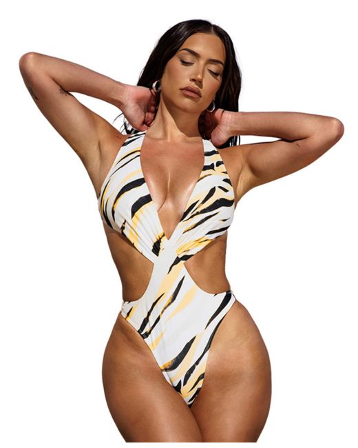 CUPSHE X Stassie Oasis Shiny Plunge Cutout Monokini Swimsuit in Brown