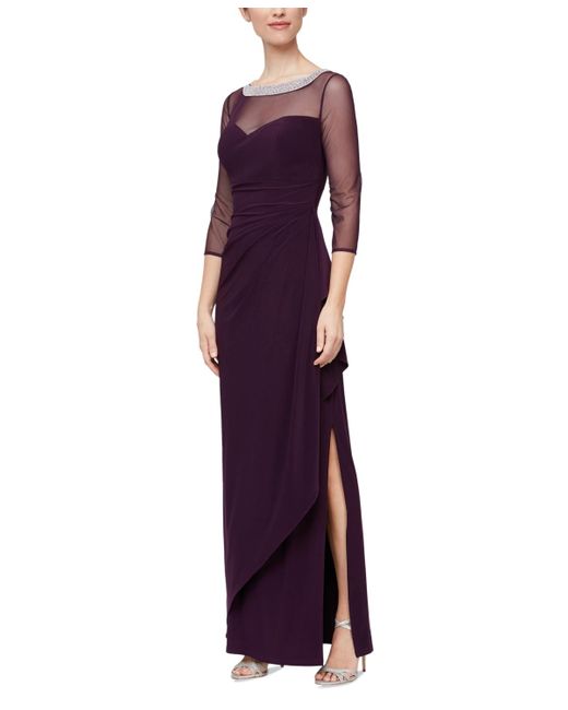 Alex Evenings Purple Long Illusion 3/4'' Sleeve Side Ruched Dress W/ Embellished Neckline