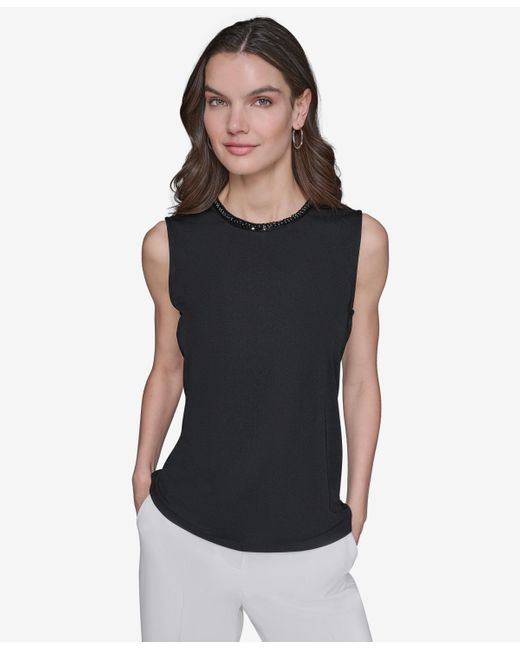 Karl Lagerfeld Black Bead-trim Sleeveless Top