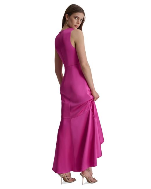 DKNY Pink Satin Ruched Ruffled Gown