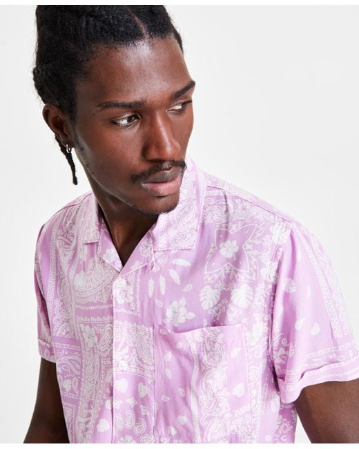 Sun & Stone Purple Sun + Stone Klaus Short Sleeve Button-front Printed Shirt for men