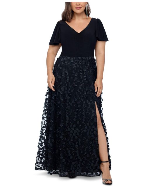 Xscape Black Plus Size 3d Flower A-line Gown