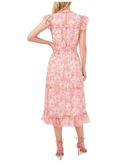 Cece Pink Flutter Sleeve Smocked Waist Midi Dress