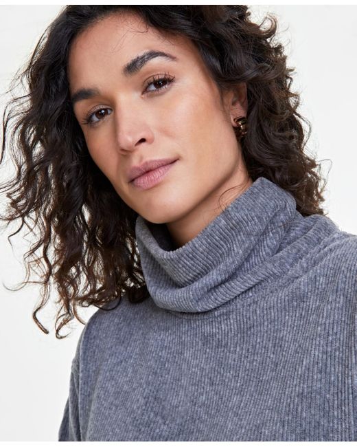 On 34th Blue Ribbed Velour Turtleneck Top