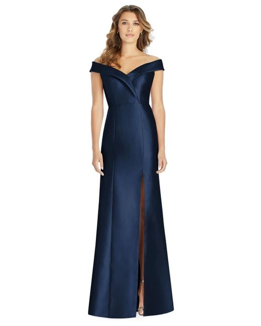 Alfred Sung Blue Off-the-shoulder Satin Gown
