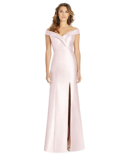 Alfred Sung White Off-the-shoulder Satin Gown