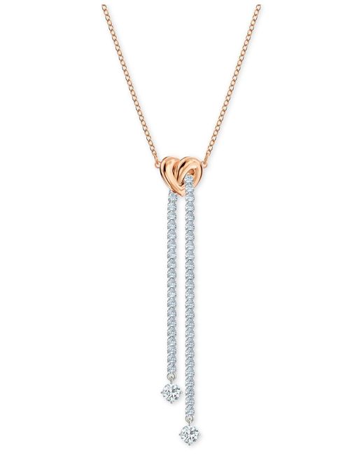 Swarovski Metallic Two-tone Heart Knot & Crystal Lariat Necklace, 16-1/2" + 2" Extender