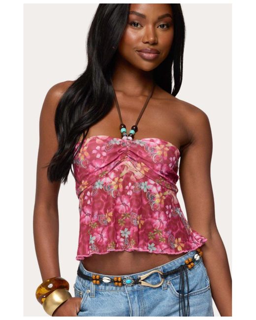 Edikted Red Solana Floral Cut Out Halter Top