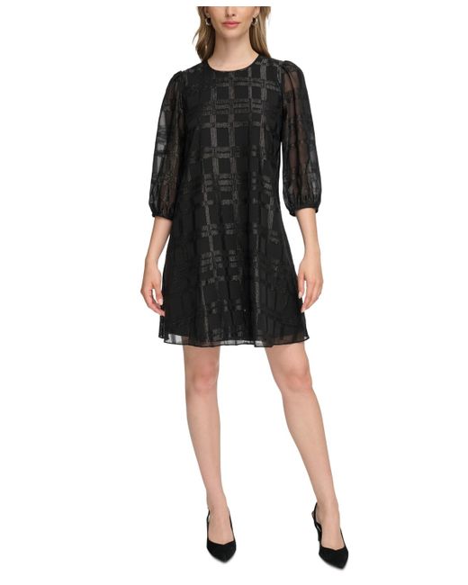 Calvin Klein Black Chiffon 3/4-sleeve Swing Dress