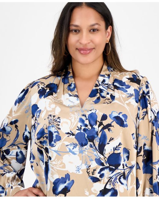 Kasper Blue Plus Size Pleated V-neck Floral Print Blouse