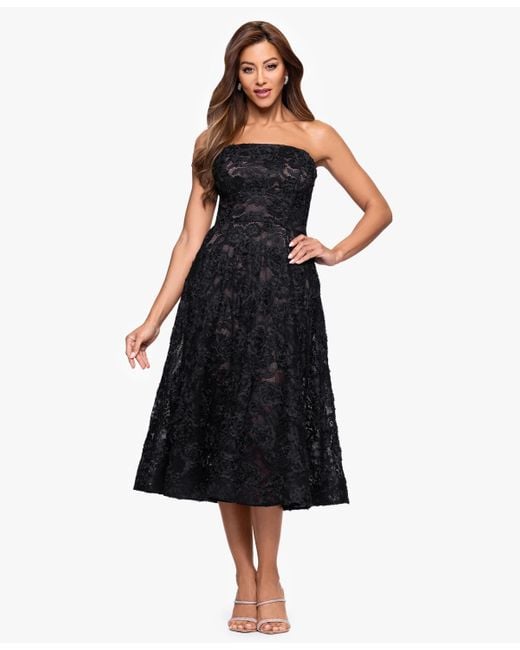 Xscape Strapless Lace Midi Dress in Black | Lyst