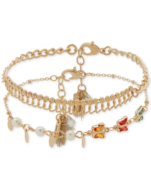 Lonna & Lilly Metallic Gold-tone 2-pc. Set Color Stone & Imitation Pearl Butterfly Ankle Bracelets