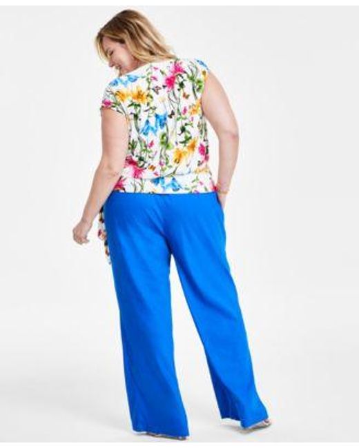 INC International Concepts Blue Plus Size Side Tie Top Linen Blend Pants Created For Macys