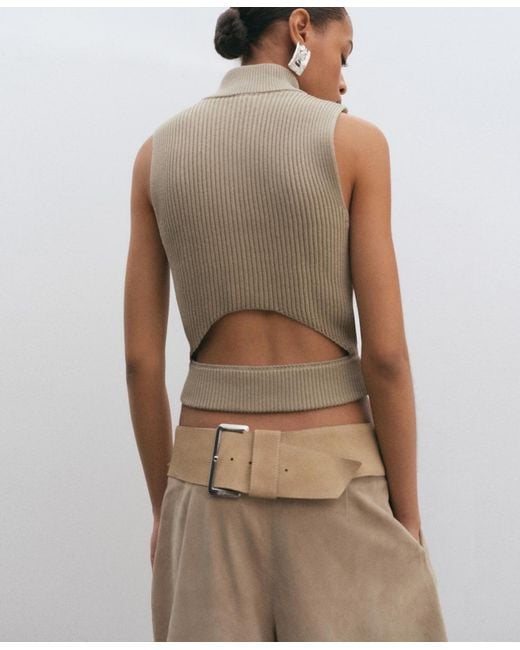 Mango Natural Zip Ribbed Knitted Top