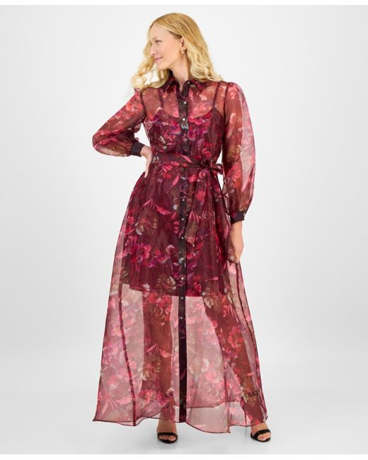 Julia Jordan Red Printed Button-front Long-sleeve Gown