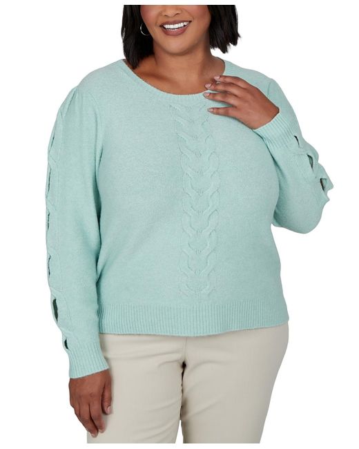 Ruby Rd Blue Plus Size Cable-knit Scoop-neck Pullover Sweater