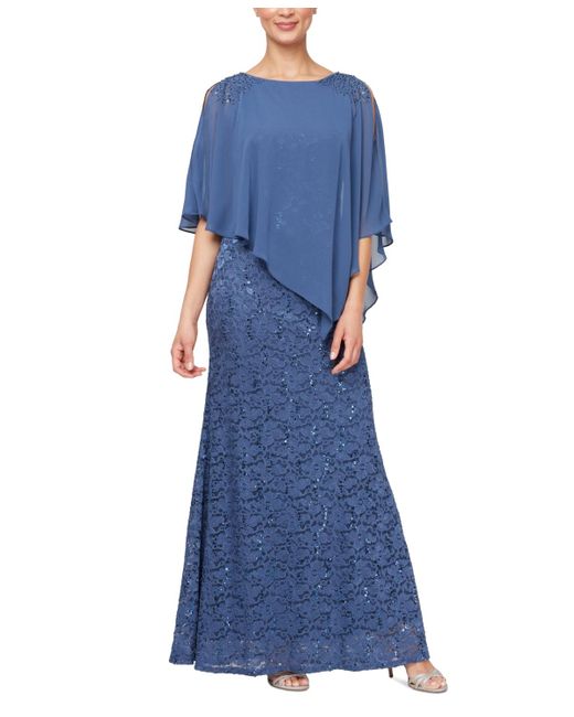 Sl Fashions Blue Petite Round-neck Sequin Lace Cape Dress