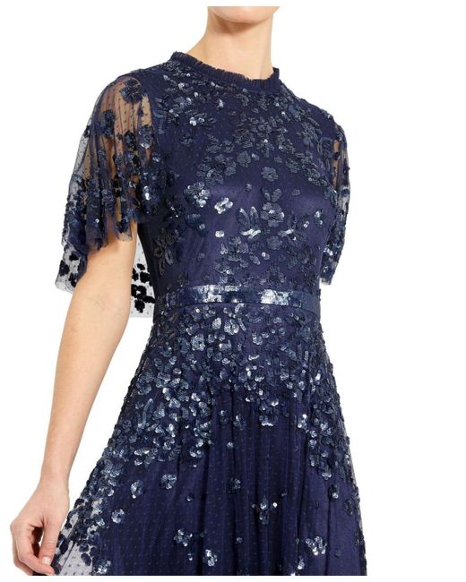 Mac Duggal Blue Sequined High Neck Flutter Sleeve A Line Gown