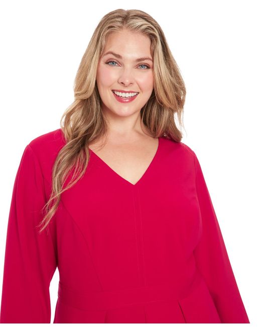 London Times Red Plus Size Topstitched 3/4-sleeve Dress