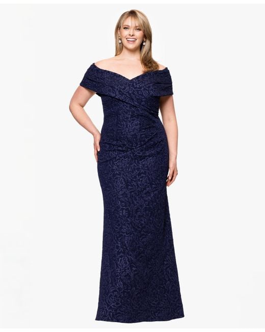 Betsy & Adam Blue Plus Size Off-the-shoulder Jacquard Dress